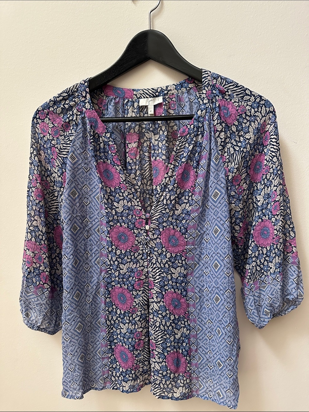 Joie Silk Mixed Floral and Geometric V-Neck Blouse in Blue and Pink